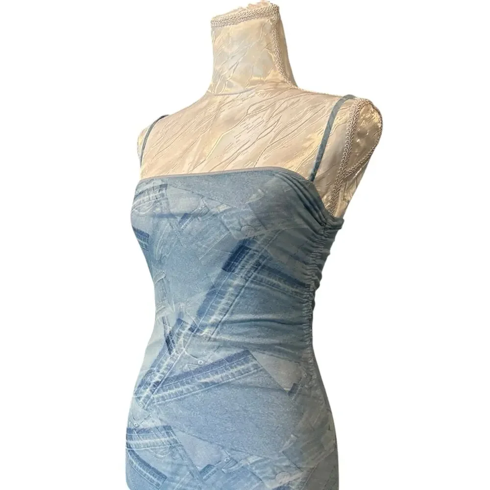 Good American Denim Print Stretch Midi Dress Ruched Coquette Size 1 - Picture 14 of 15